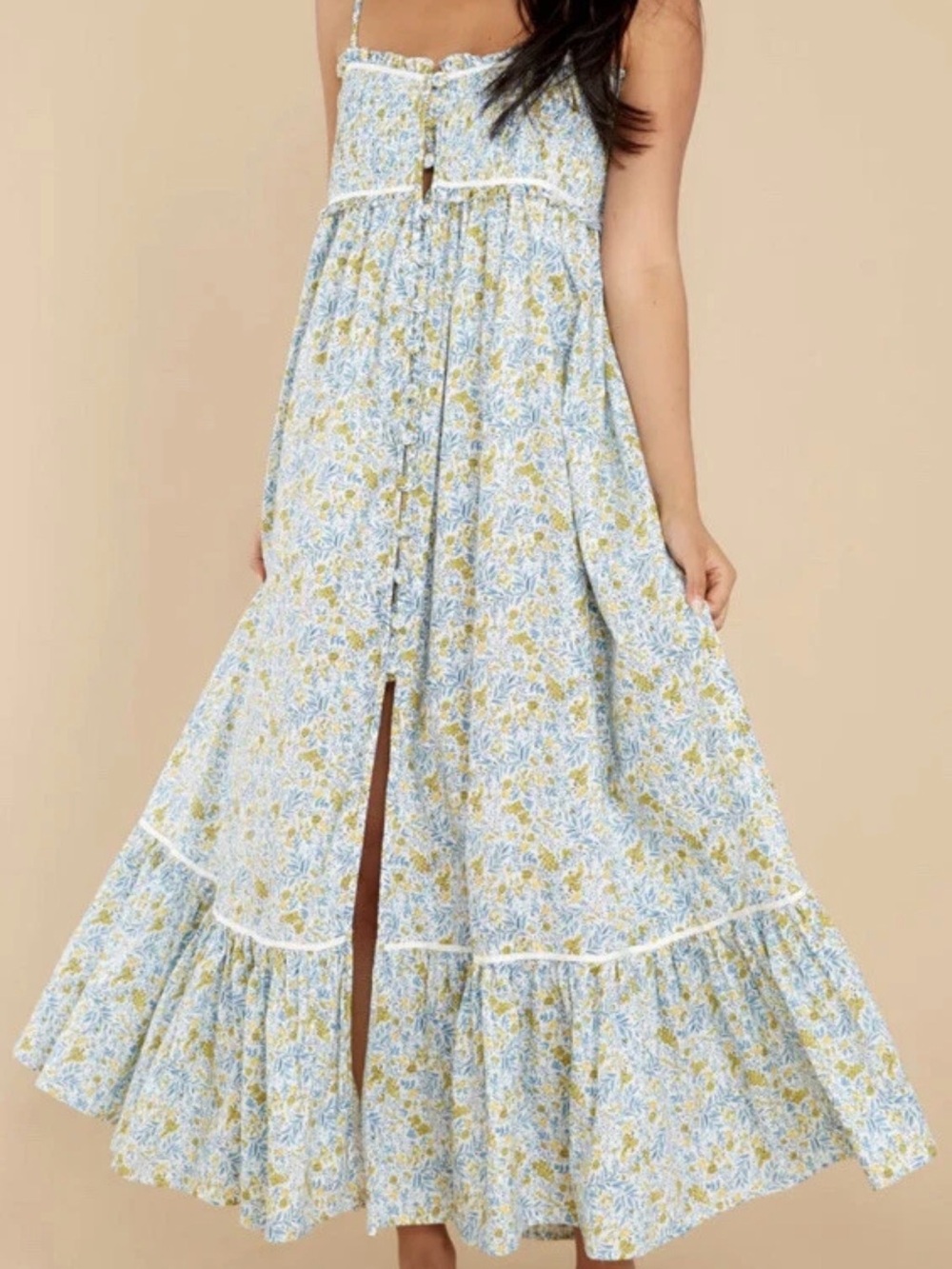 Ina Blue & White Cottage Floral Smocked Maxi Dress Small